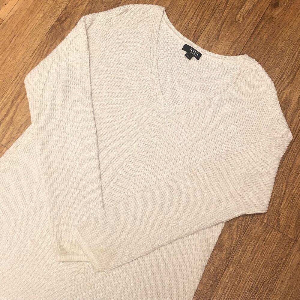 A.n.a Cream Ribbed Sparkle High Low Long Sleeve Pullover Sweater Size Large